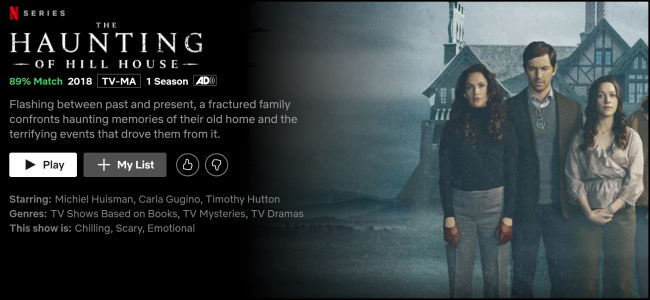 Página de exibição "The Haunting of Hill House" no Netflix.