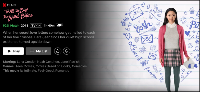 A página de exibição "Para todos os meninos que amei antes" no Netflix.