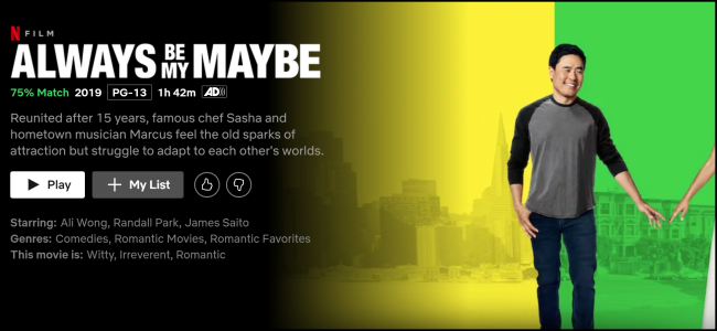 A página de exibição "Always Be My Maybe" no Netflix.