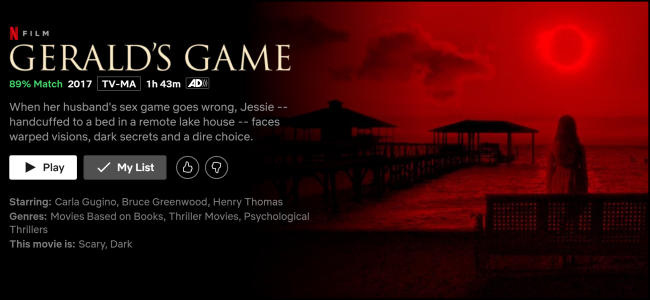 A tela de exibição "Jogo de Gerald" na Netflix.