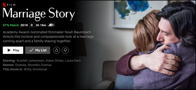 A página "História de casamento" na Netflix. 