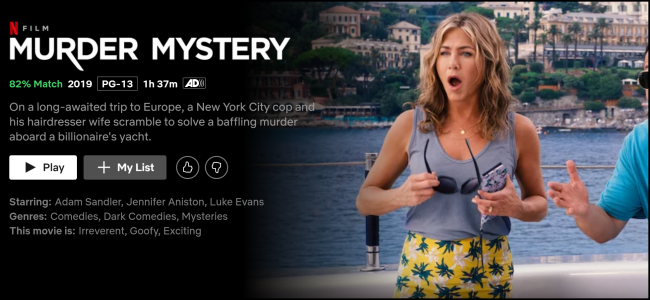 A página de exibição "Murder Mystery" no Netflix.
