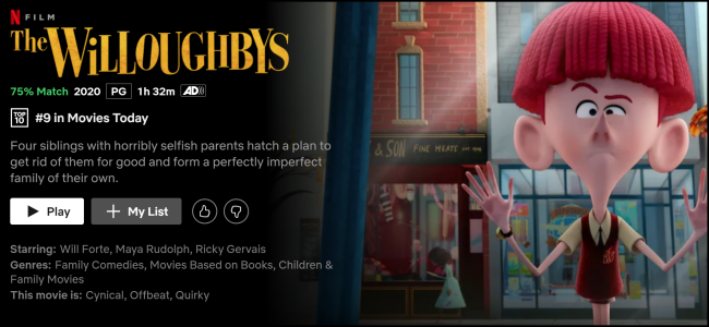 Página de exibição "The Willoughbys" no Netflix.