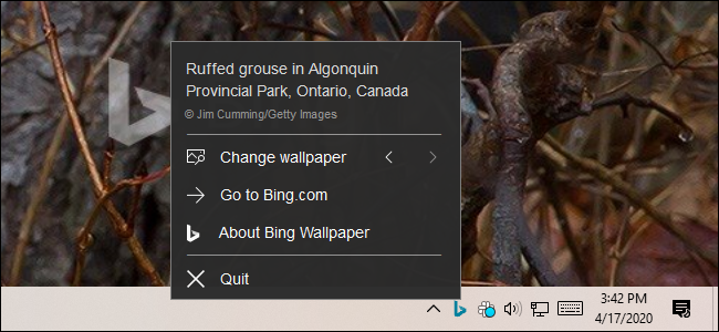 Controlando o aplicativo Bing Wallpaper a partir do ícone da área de notificação.