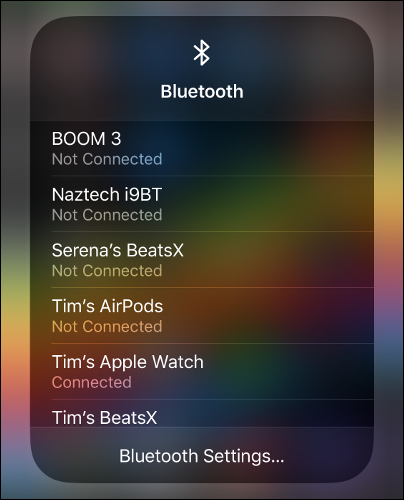 O menu "Bluetooth" no Control Center.