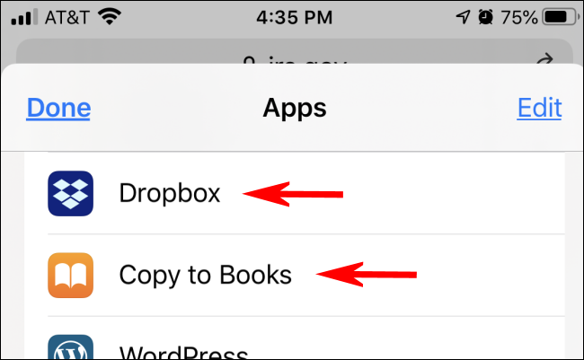 Optar por salvar um arquivo PDF no Dropbox ou Livros