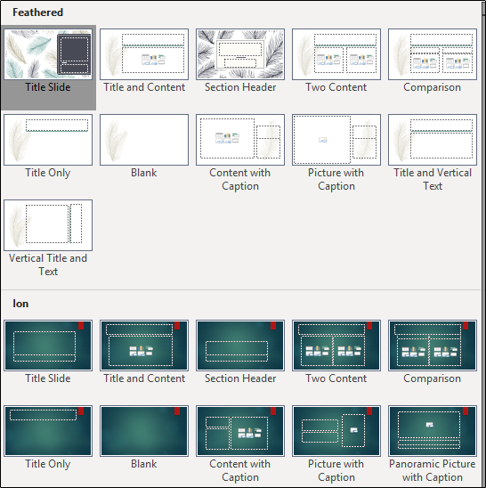 ambos os temas disponíveis em layout de slide