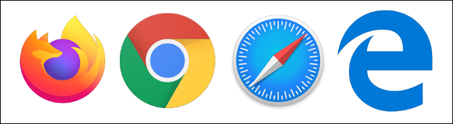 Os logotipos do Firefox, Chrome, Safari e Edge.