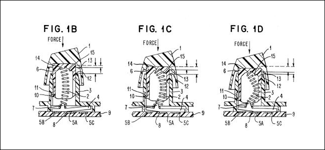 Três diagramas da patente IBM Buckling Spring.