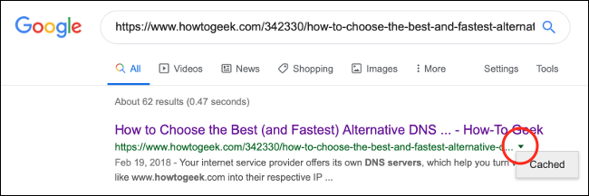 Clique na seta voltada para baixo ao lado do endereço da web nos resultados de pesquisa do Google e clique em "Em cache".