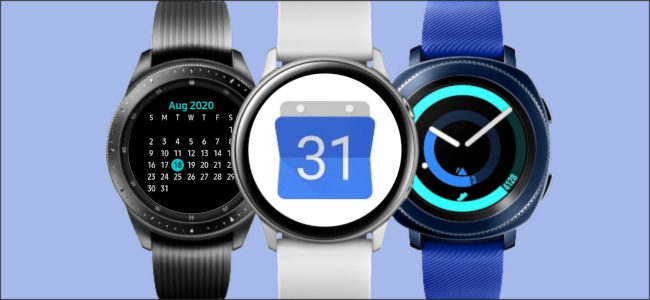 Três smartwatches Samsung Galaxy com Google Agenda.
