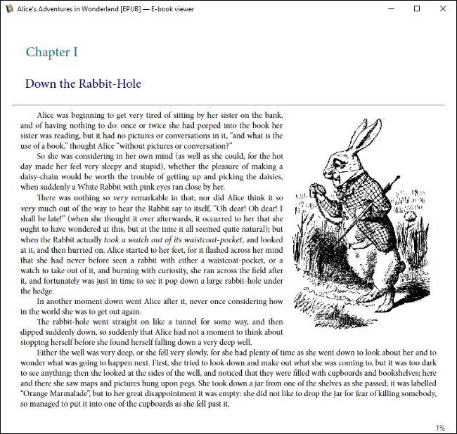 Calibre mostrando uma cópia EPUB de Alice no País das Maravilhas no Windows 10.