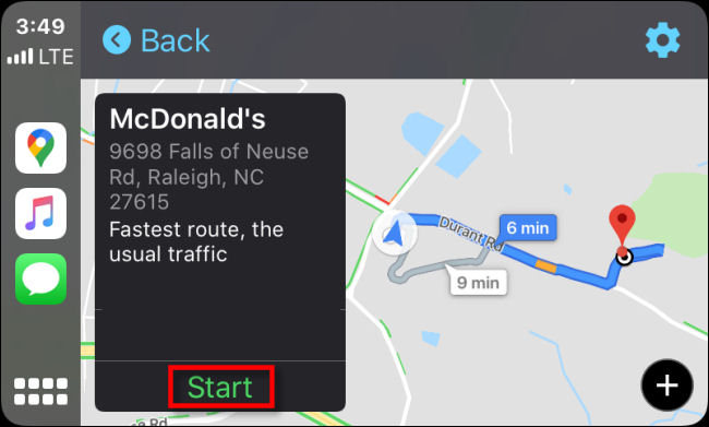 Toque em "Iniciar" para iniciar a rota no Google Maps para CarPlay no iPhone.