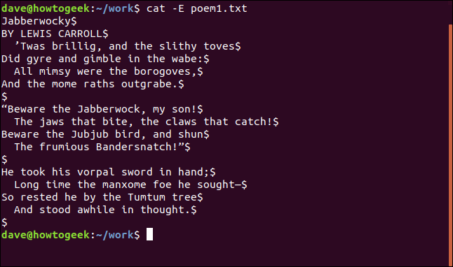 conteúdo de poem1.txt com finais de linha exibidos em uma janela de terminal