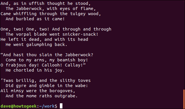 conteúdo de jabberwocky.txt em uma janela de terminal
