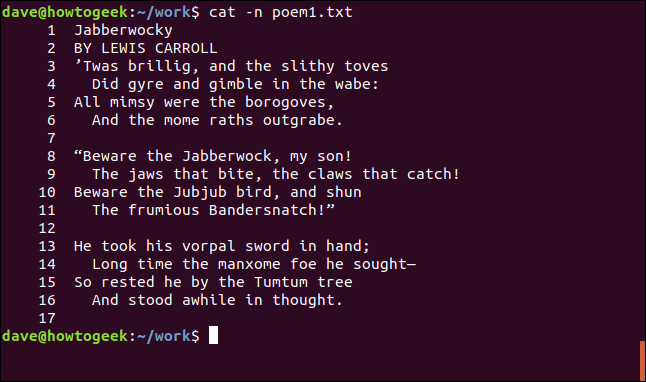 conteúdo de poem1.txt com linhas numeradas em uma janela de terminal
