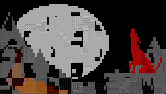 Arte ANSI da Caverna BBS de um lobo vermelho uivando para a lua.