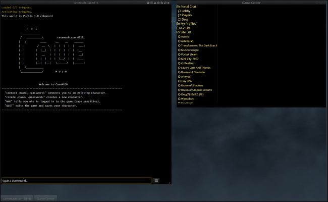 O CaveMUSH First Connect Screen no MudPortal.