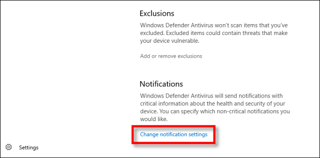 Clique em Alterar configurações de notificação em Segurança do Windows no Windows 10