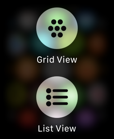 As opções de layout "Visualização em grade" e "Visualização em lista" no Apple Watch.