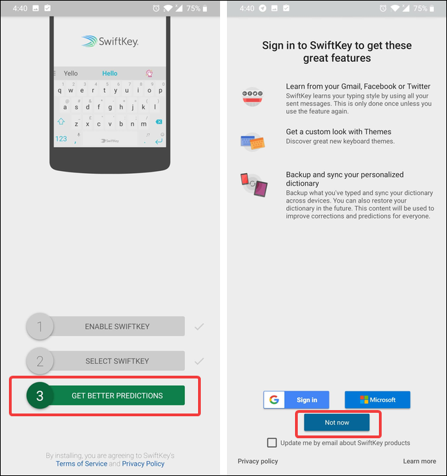 verifique as opções de swiftkey