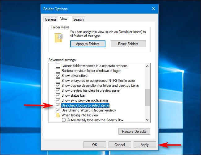 Desative as caixas de seleção de arquivo em Opções de pasta no Windows 10