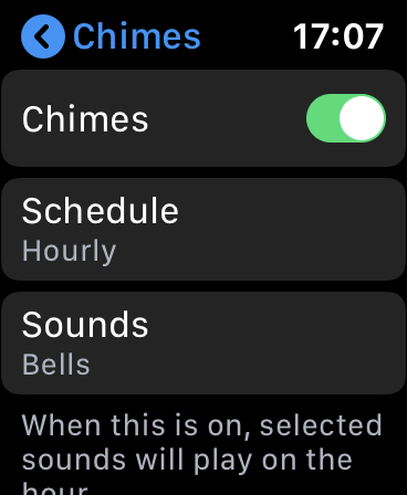 O menu "Chimes" no Apple Watch.