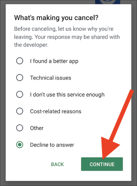 Forneça um motivo para cancelar e toque no botão "Continuar"