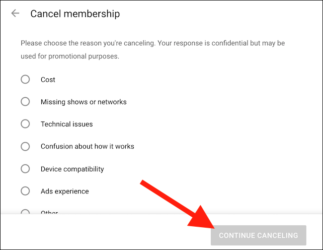 Escolha uma opção para cancelar e clique no botão "Continuar cancelando"