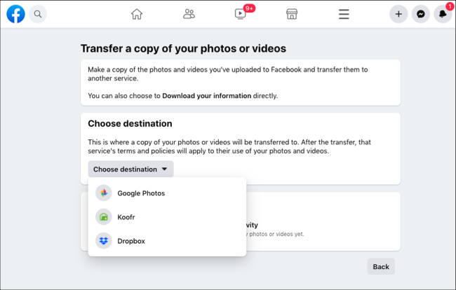 Escolha o destino para a transferência de fotos e vídeos do Facebook