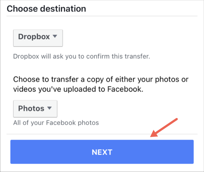Escolha o destino da transferência de fotos e vídeos no aplicativo do Facebook