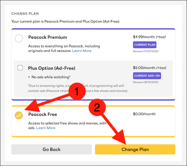 Escolha a opção "Peacock Free" e clique no botão "Alterar plano"
