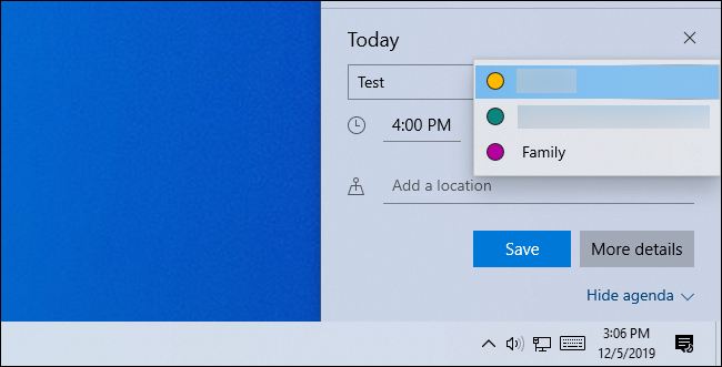 Escolhendo um calendário do Google para um evento no pop-up do relógio do Windows 10.