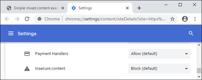 Opção de conteúdo inseguro no Chrome para permitir conteúdo misto para um site.