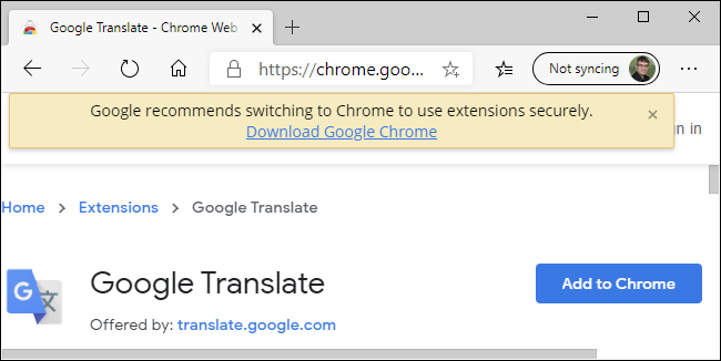 Aviso da Chrome Web Store sobre o Edge