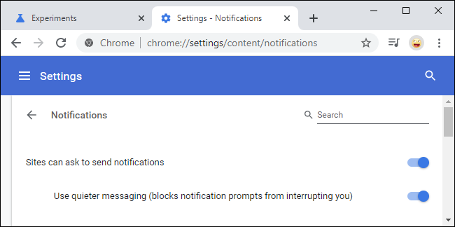 Ativando a opção de mensagens mais silenciosas do Google Chrome para notificações em Configurações.