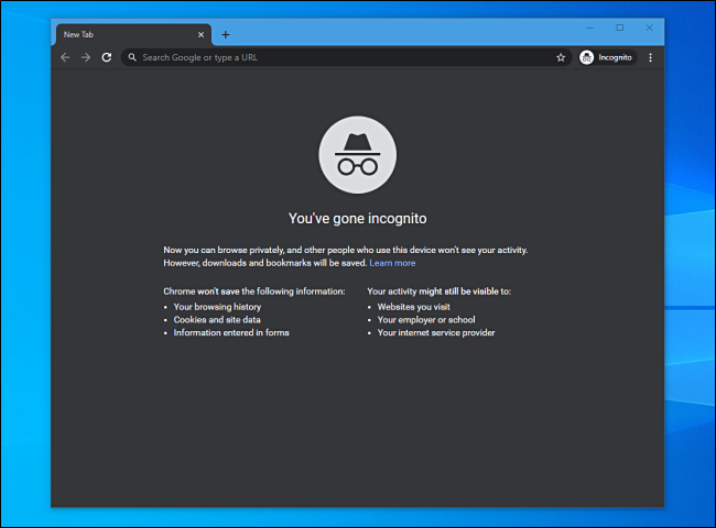 Modo de navegação anônima no Google Chrome no Windows 10.