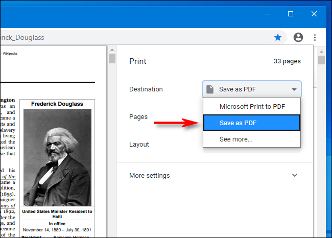 Selecione Salvar como PDF no menu suspenso do Google Chrome
