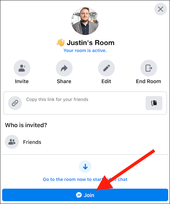 Clique no botão "Entrar" para entrar na sua sala do Facebook Messenger