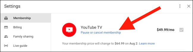 Clique no link "Pausar ou cancelar assinatura" encontrado na opção YouTube TV