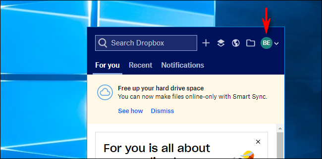 Clique em Avatar no Dropbox no Windows 10