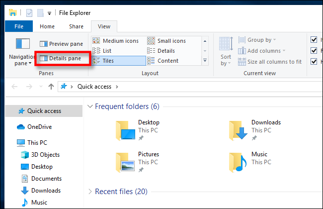 Clique no painel de detalhes no Windows 10 File Explorer