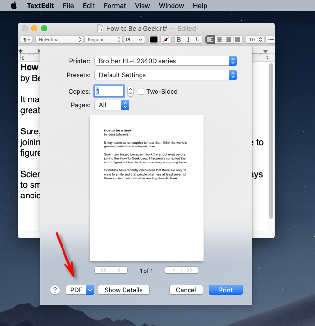 Clique no menu suspenso de PDF no macOS