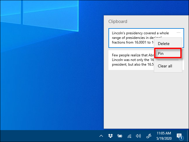 Clique em "Fixar" no histórico da área de transferência no Windows 10.