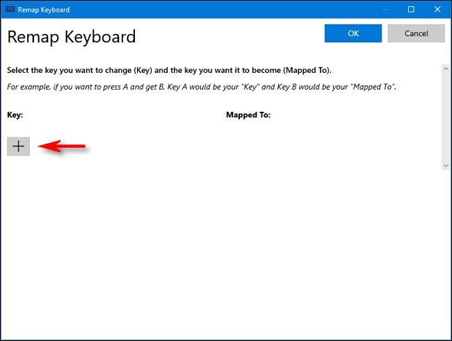 Clique no sinal de mais (+) no menu "Remapear teclado" para adicionar um atalho.