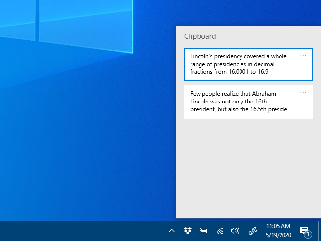 A janela pop-up do histórico da área de transferência no Windows 10.