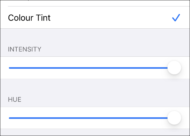 O menu "Color Tint" no iOS.