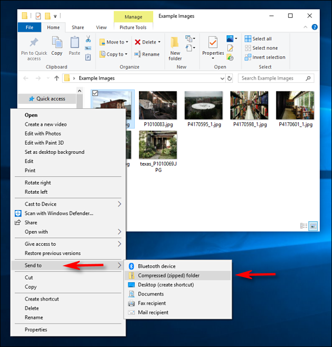 Clique em “Enviar para” e selecione “Pasta compactada Zip” no Windows 10.