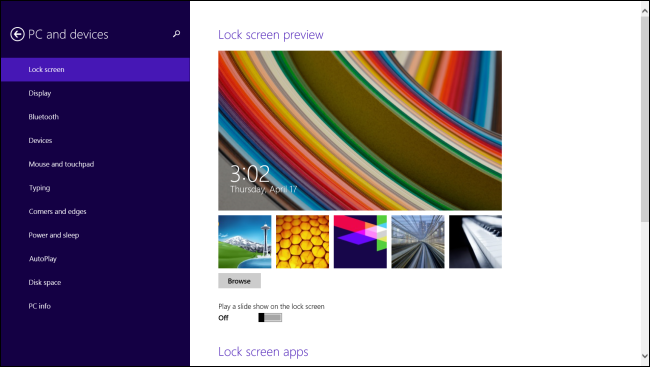 Configurações da tela de bloqueio em Configurações do PC no Windows 8.1.