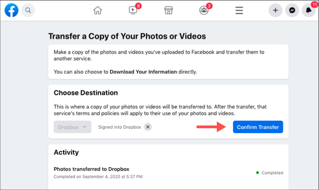 Confirme a transferência de fotos e vídeos do Facebook